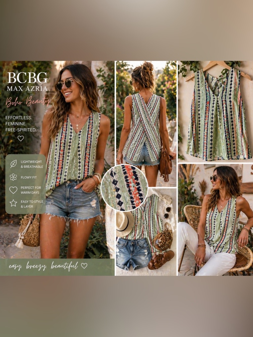 BCBGMaxAzria Sage Green Multicolor Striped Boho Tank